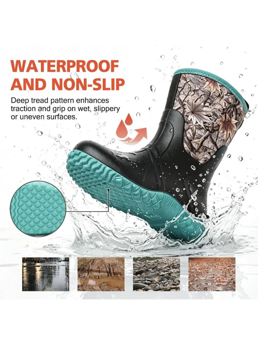 Women's Green Waterproof Breathable Mid Calf Design Garden Work Mud Rain Boots